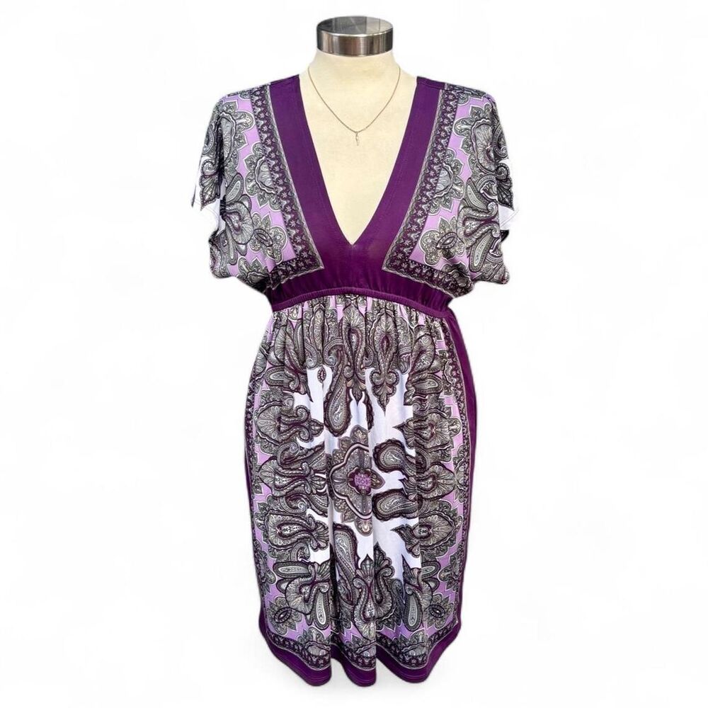 Bailey Blue Babydoll Purple Pattern Deep V-Neck Kimono Sleeve Dress - M